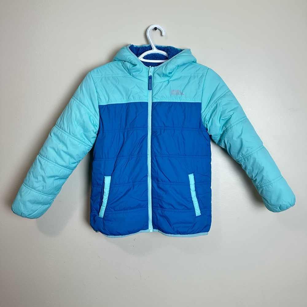 Eddie Bauer Kids L Puffer Jacket Blue Aqua Hooded Winter Coat Girl